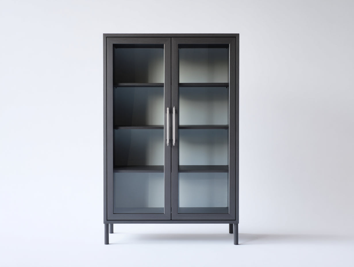 Bibliothèque en bois et verre 95x38x140 cm - gris anthracite et verre fumé - 2 portes vitrées