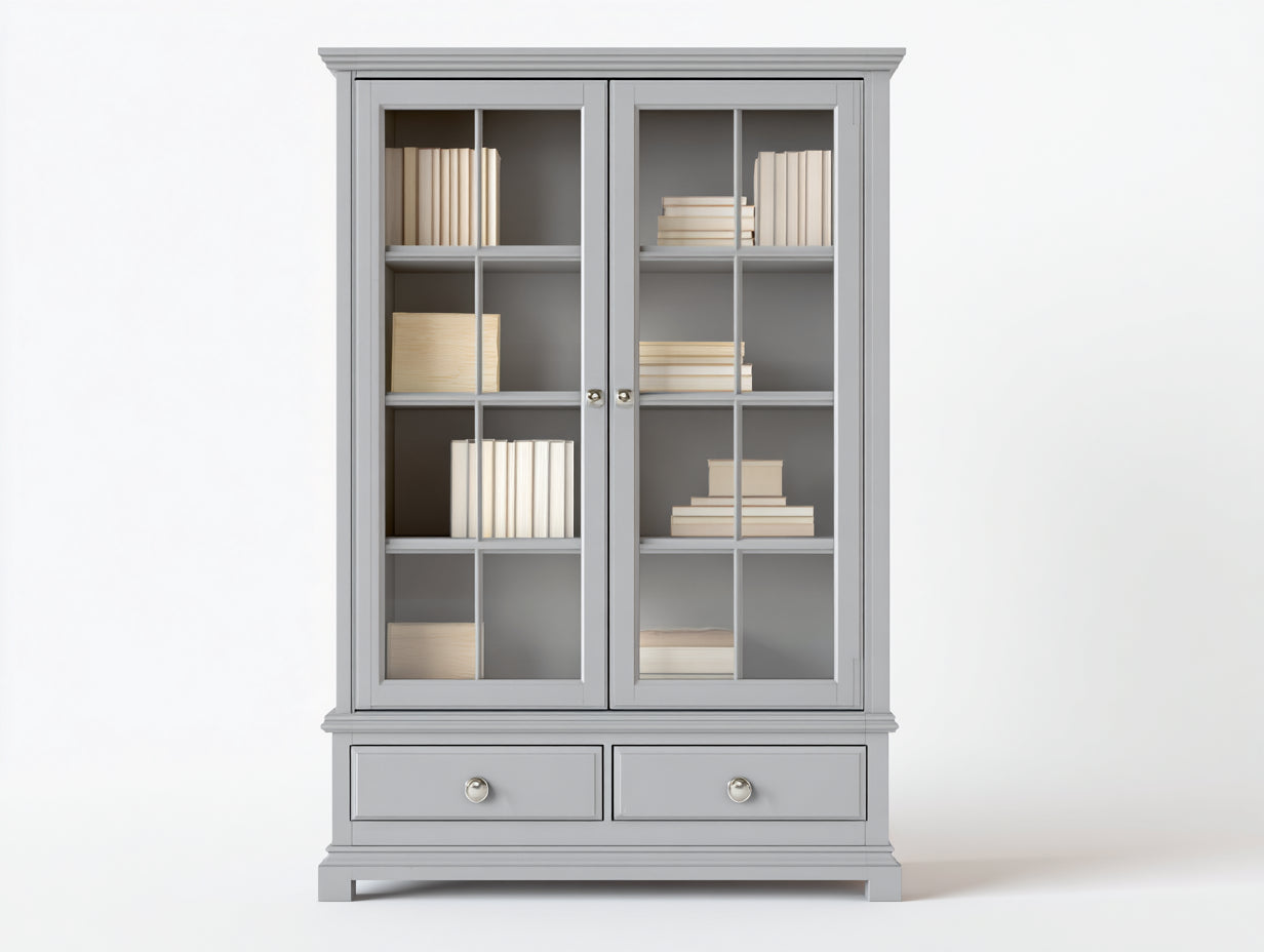 Bibliothèque en bois MDF et verre gris 100x40x185 cm - 2 portes vitrées et 2 tiroirs style classique