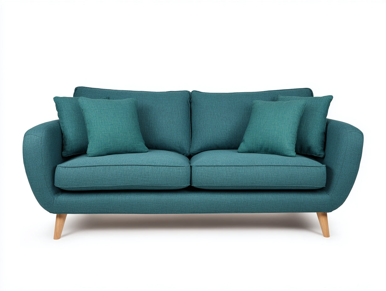 Canapé 2 places en tissu 205x90x84 cm - bleu canard et bois naturel - accoudoirs arrondis