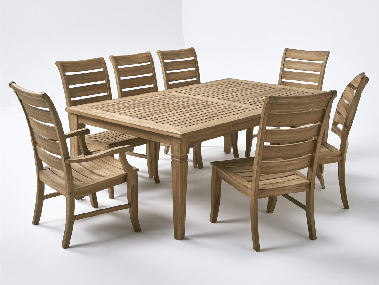 Salon de jardin repas en bois massif 180 x 100 x 75 cm - naturel - table avec 7 chaises