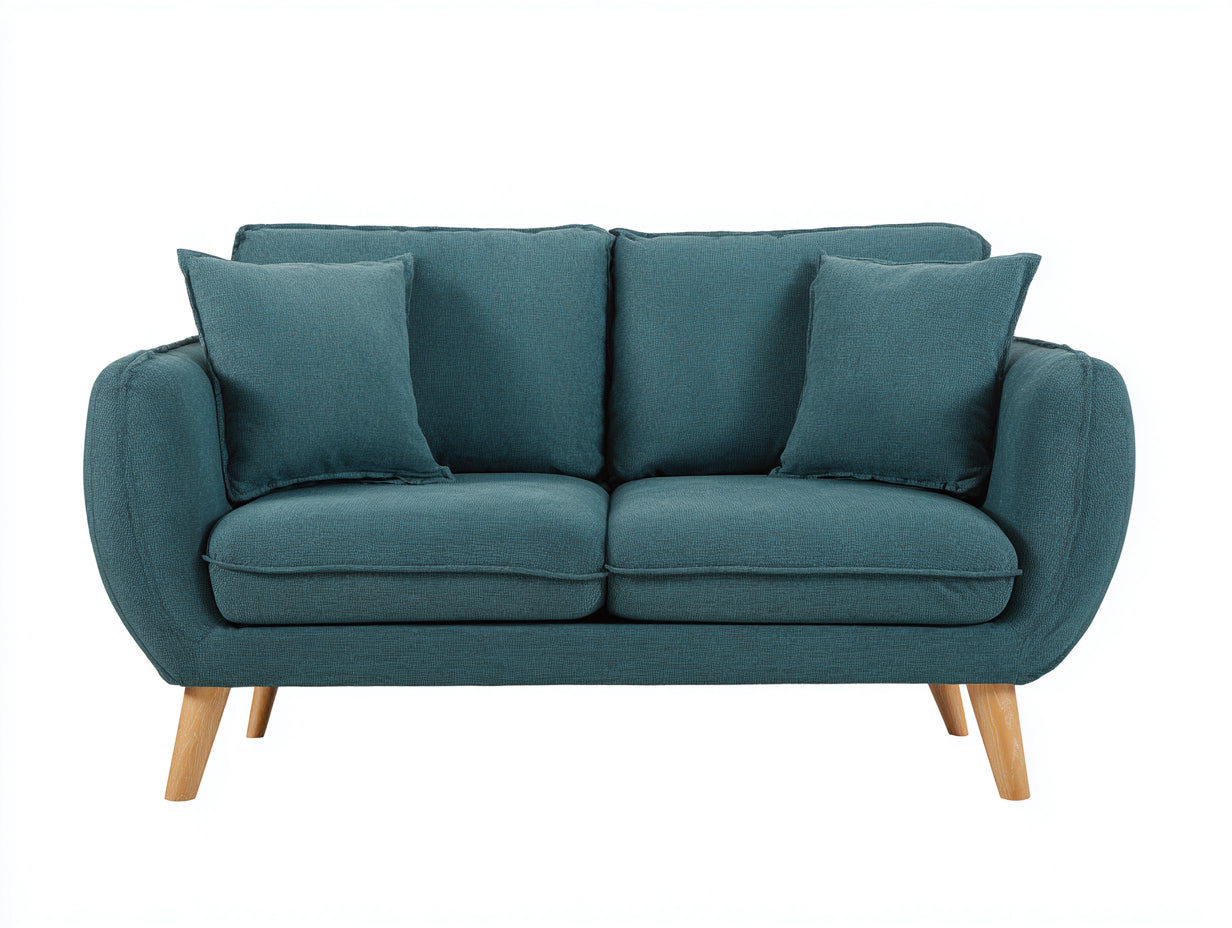 Canapé 2 places en tissu bleu canard avec pieds en bois 170x88x86 cm - Accoudoirs arrondis style moderne