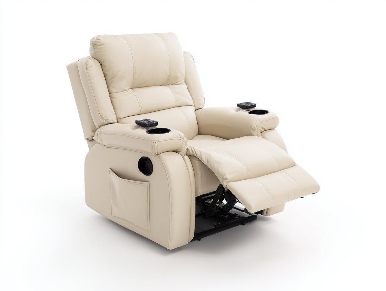 Fauteuil relax en simili cuir beige 110x98x108 cm - Repose-pieds relevable et porte-gobelets style moderne