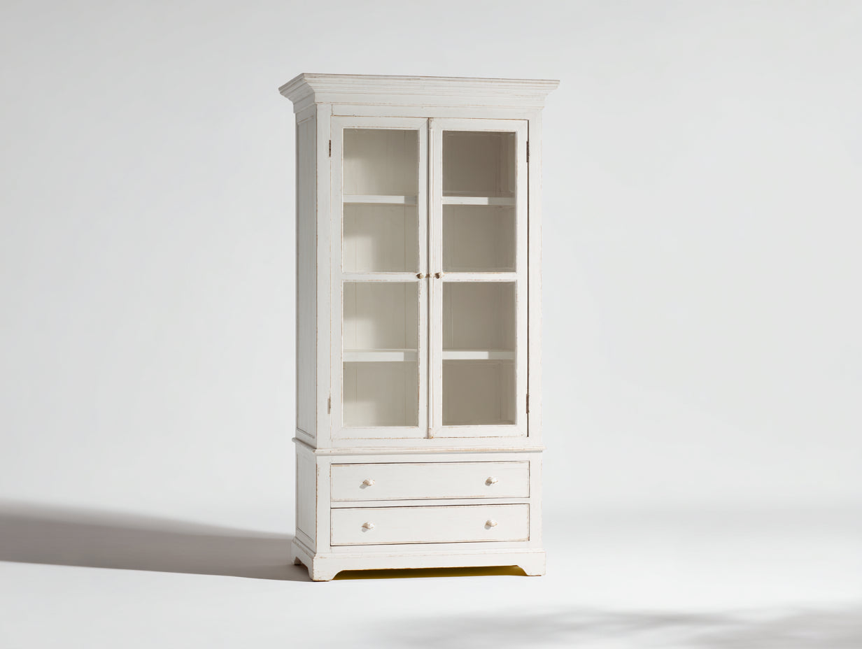 Bibliothèque vitrée en bois d'ingénierie et verre 90 x 40 x 180 cm - blanc crème - 2 portes et 2 tiroirs