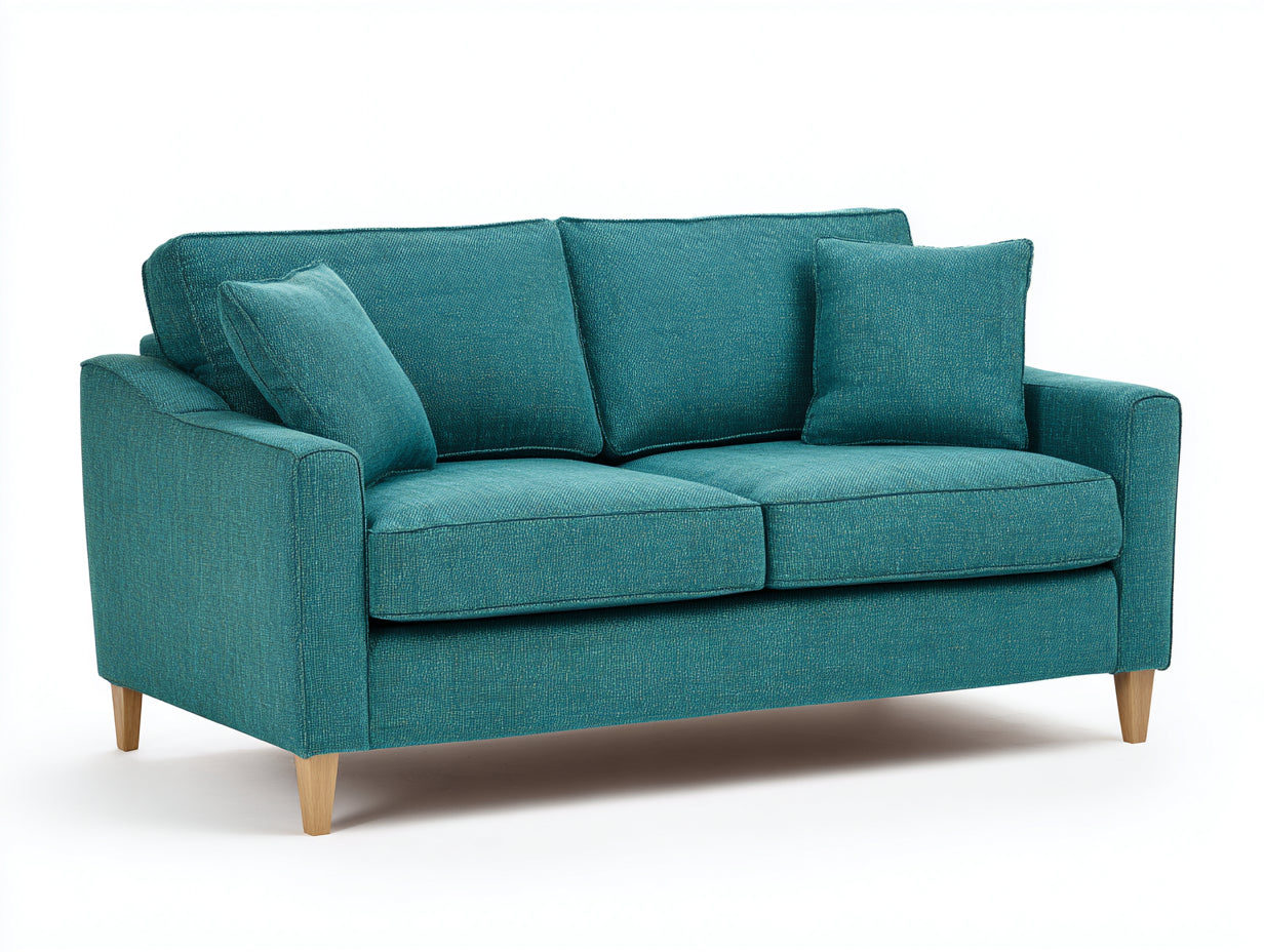 Canapé 2 places en tissu 200x85x82 cm - bleu canard et bois naturel - accoudoirs droits