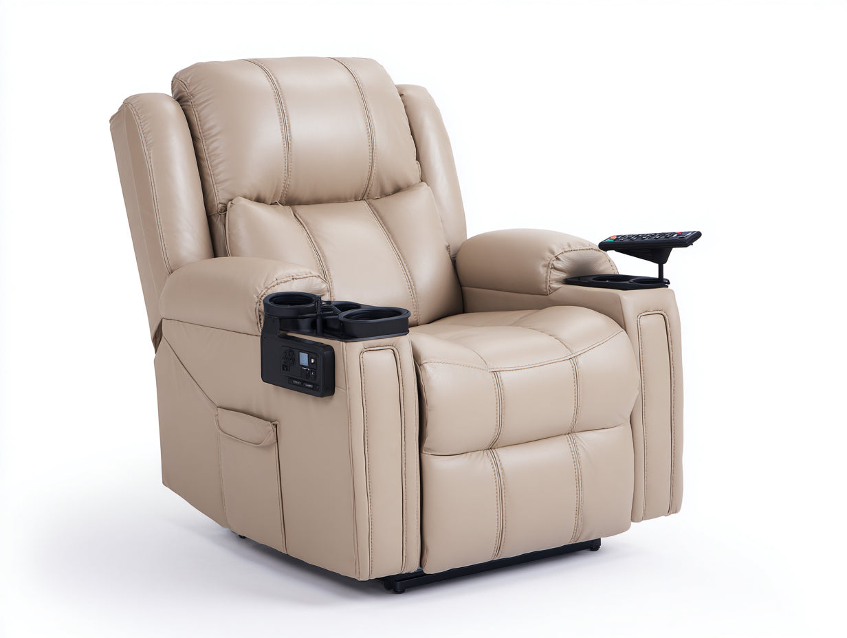 Fauteuil relax en cuir synthétique 96 x 92 x 108 cm - beige - porte-gobelets et repose-pieds