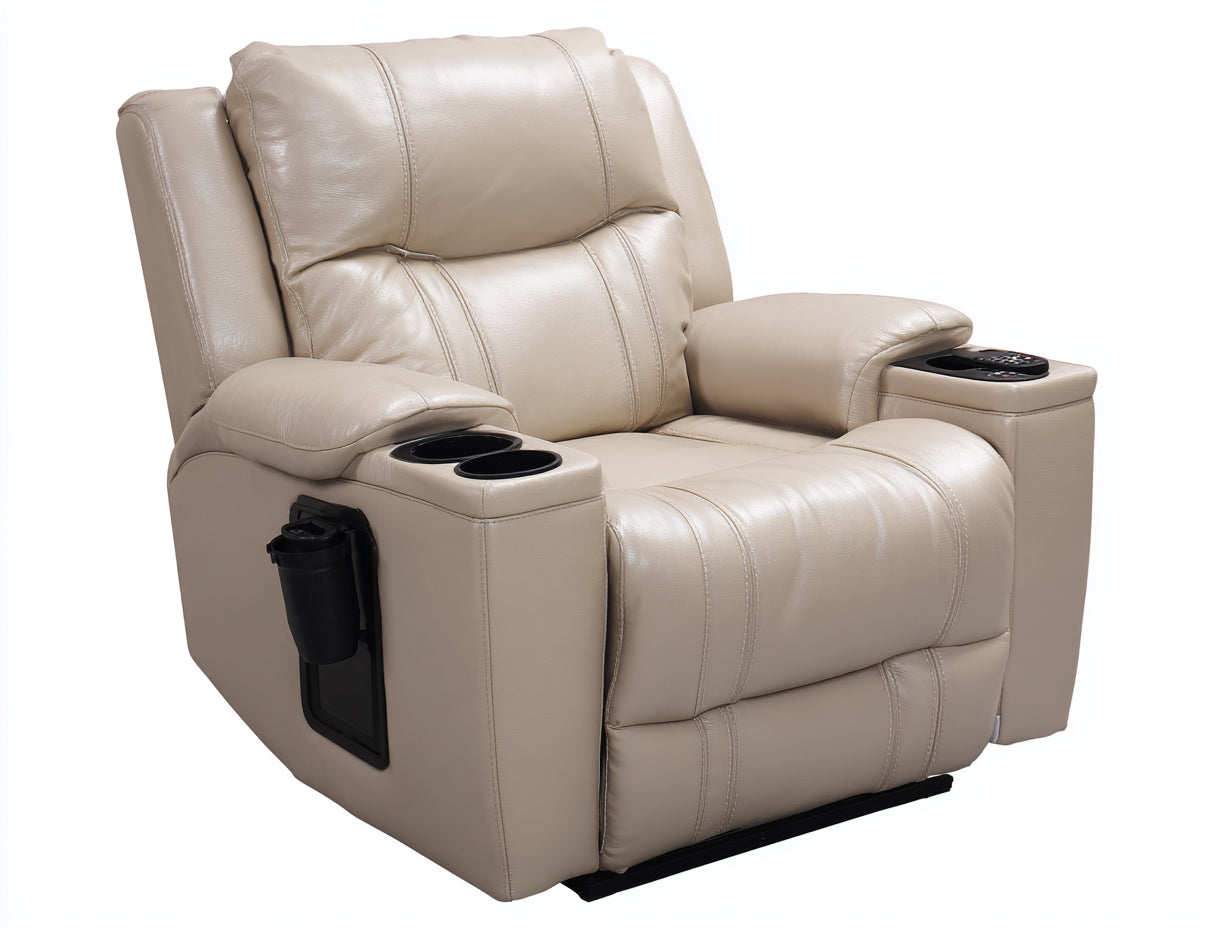 Fauteuil relax en simili cuir beige 108x98x110 cm - Repose-pieds relevable et porte-gobelets style moderne
