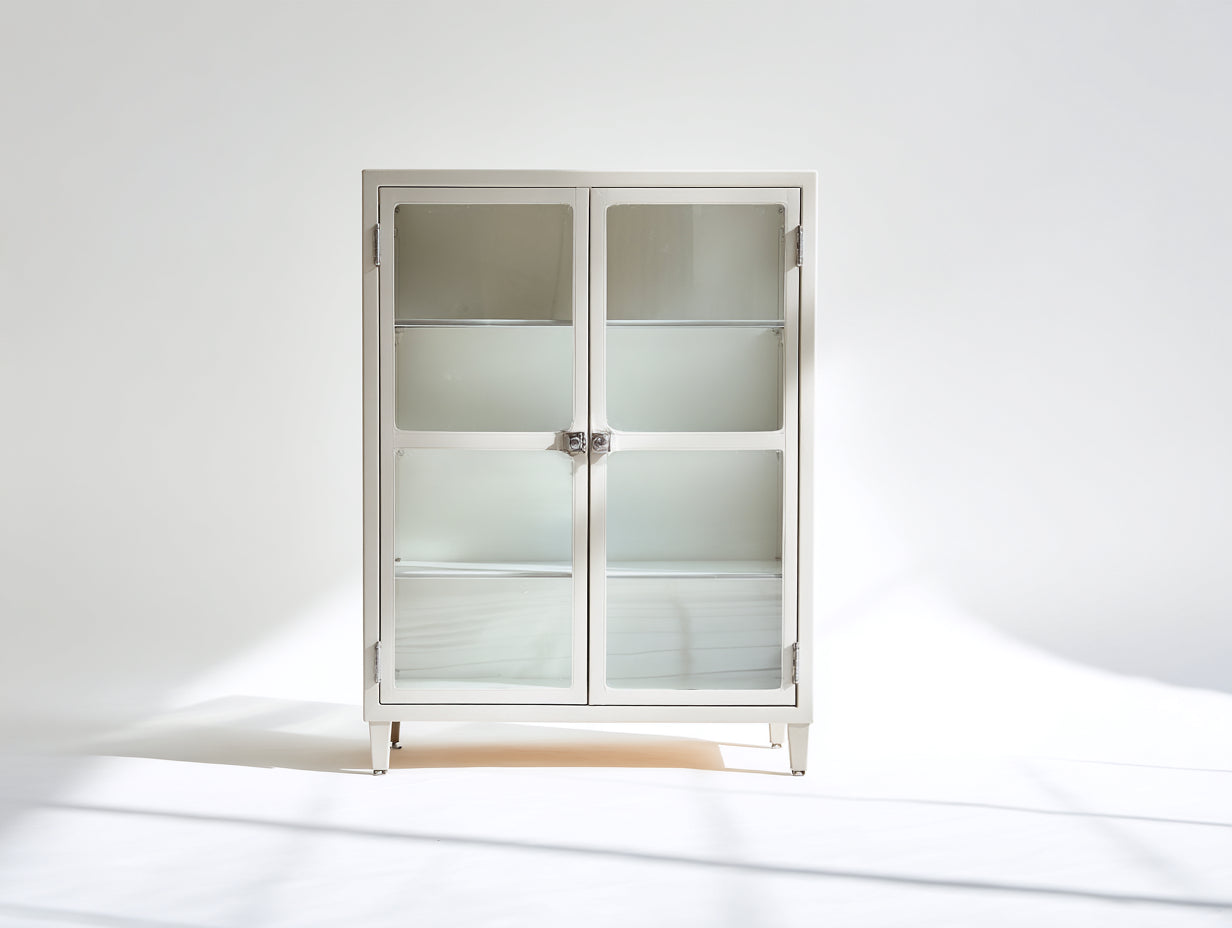 Bibliothèque en métal et verre blanc cassé 80x35x130 cm - 2 portes vitrées style moderne