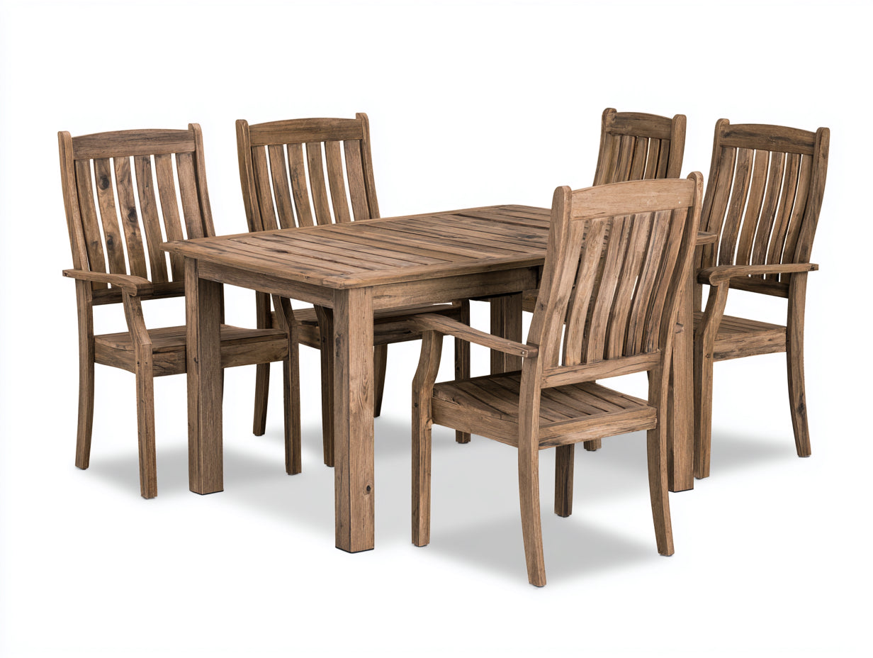 Salon de jardin repas 150 x 90 x 75 cm bois effet teck table rectangulaire 5 chaises bois naturel pour extérieur
