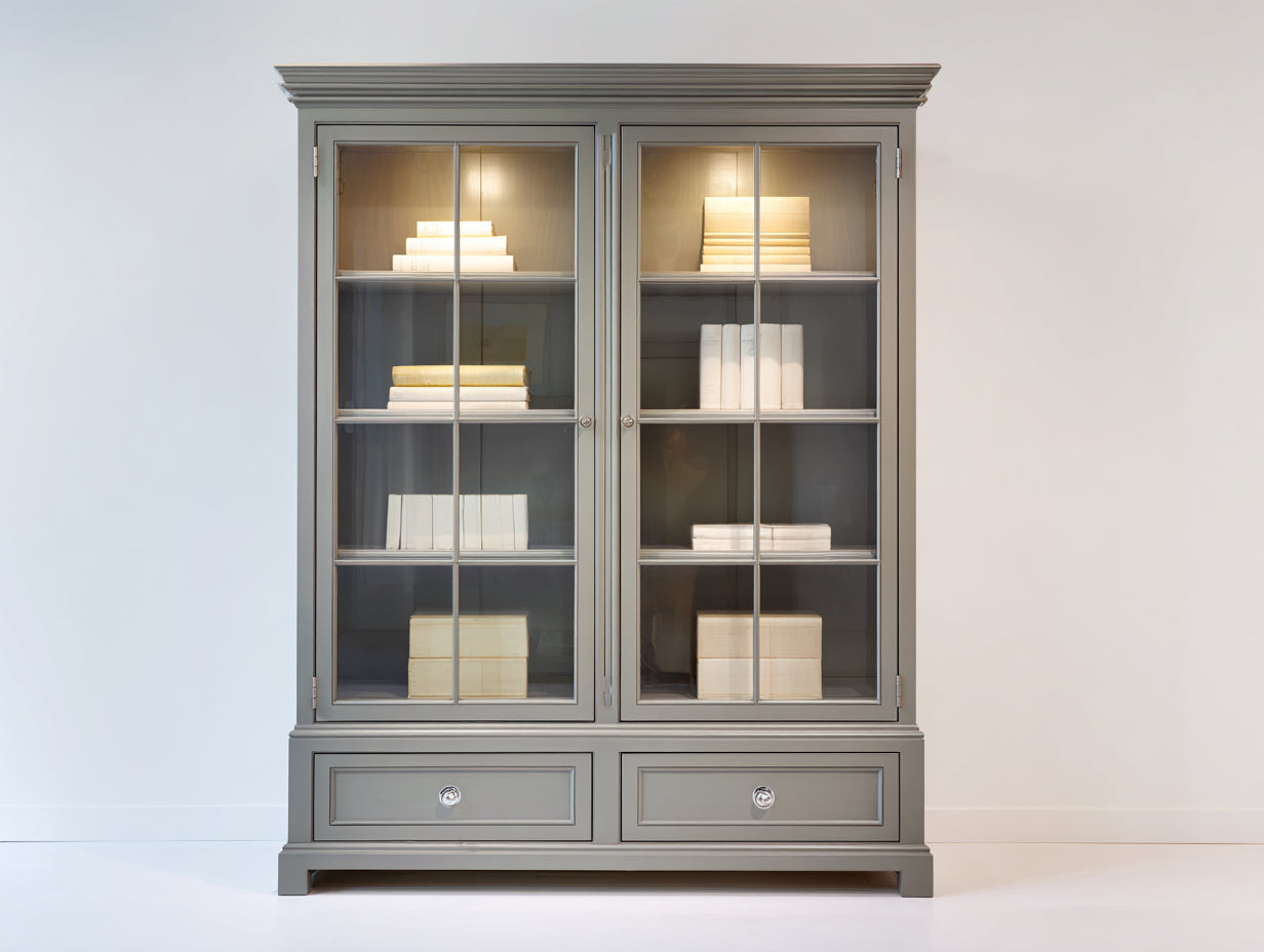 Bibliothèque en bois MDF avec portes vitrées et tiroirs 120x45x190 cm - gris taupe - salon classique