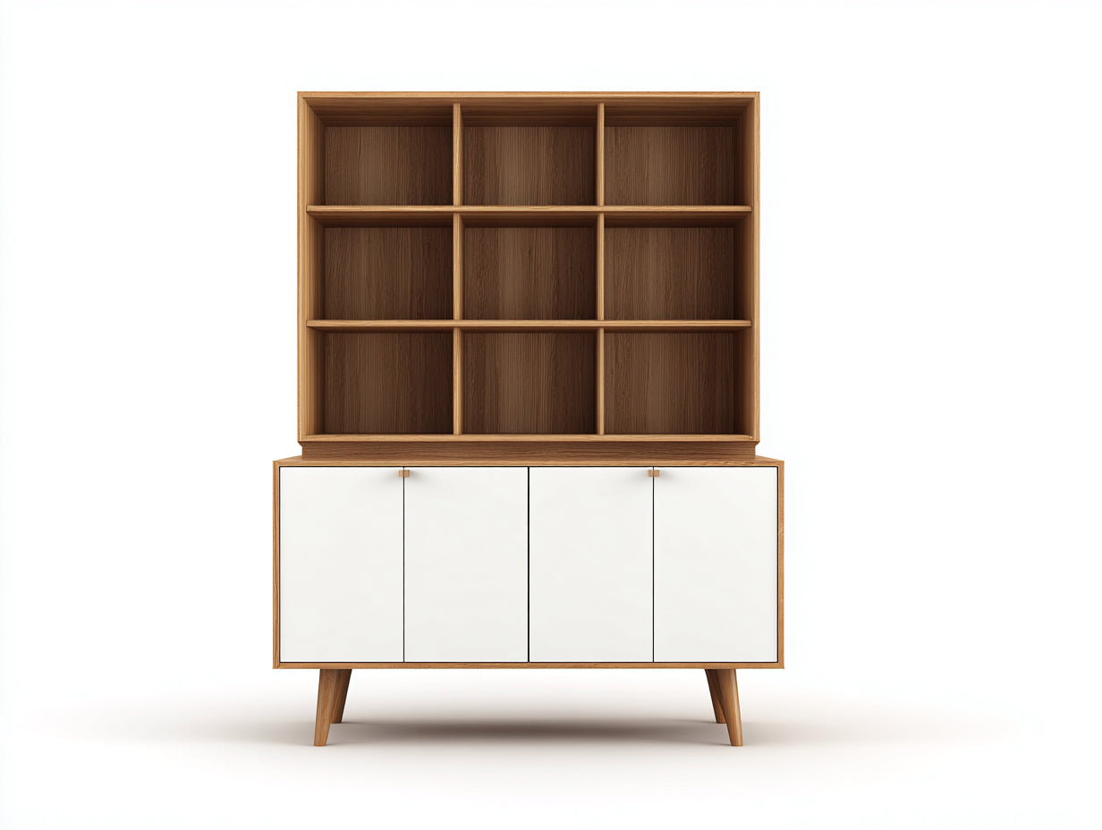 Bibliothèque 120 x 40 x 185 cm panneaux effet bois niches ouvertes 4 portes bois naturel blanc rangement pour salon