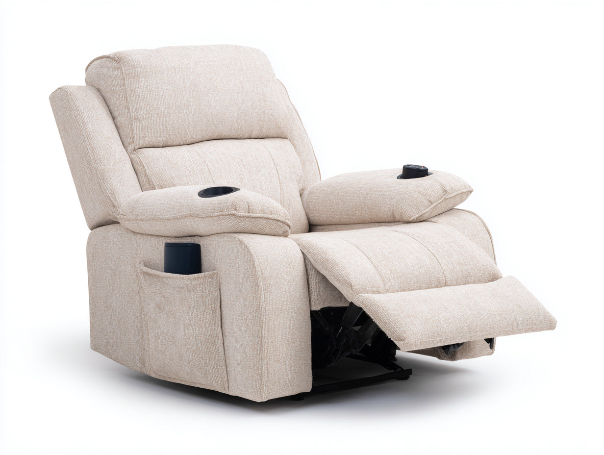 Fauteuil relax 100 x 95 x 105 cm tissu bouclé beige repose pieds intégré porte gobelets rangement latéral pour salon